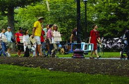 40 participants walking through the Boston Common during the June 2015 performance Boston Coastlines Future Past